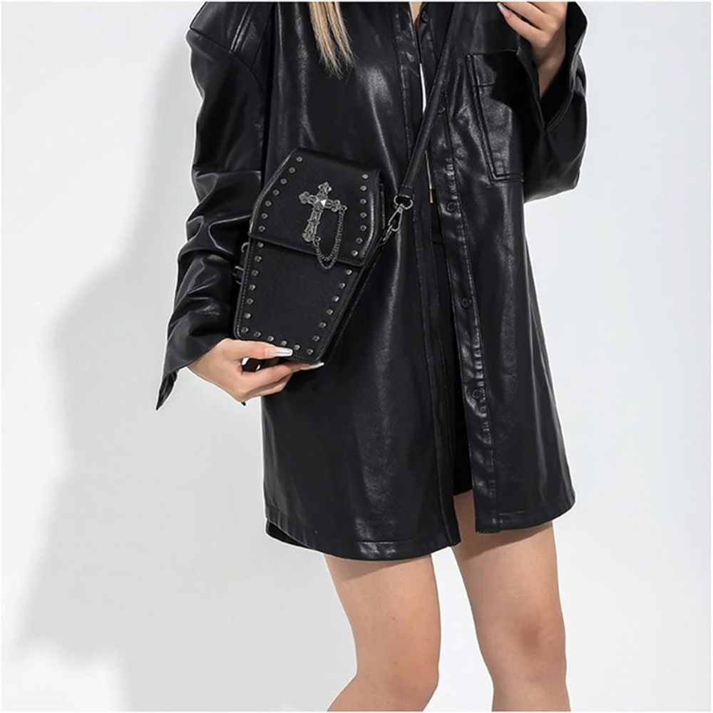 Gothic Coffin Crossbody Bag – Black Faux Leather with Chain NWOT - Picture 9 of 13